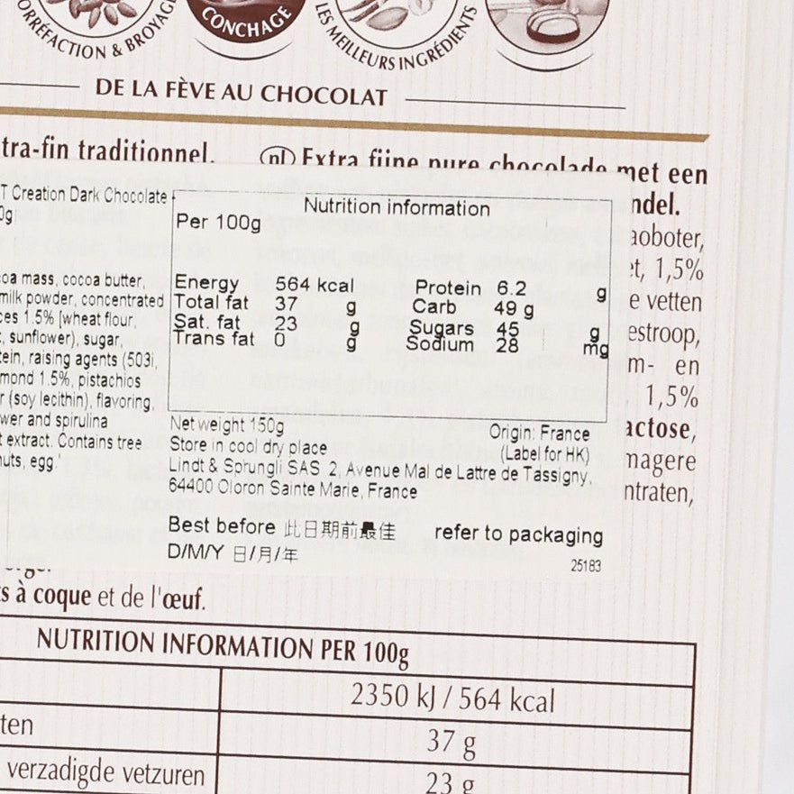 Nutrition information panel on LINDT Creation dark chocolate, per 100 g