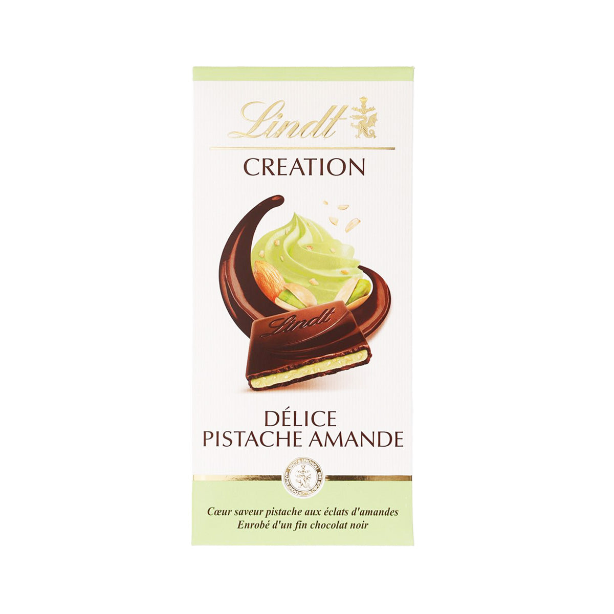 LINDT Creation dark chocolate bar with pistachio and almond front, 150 g pack