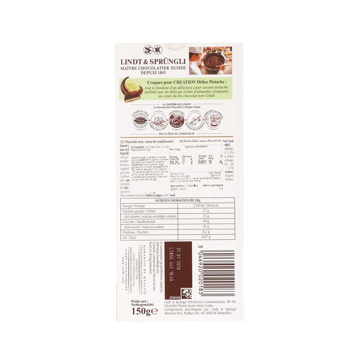LINDT Creation dark chocolate bar back label, 150 g pack with details