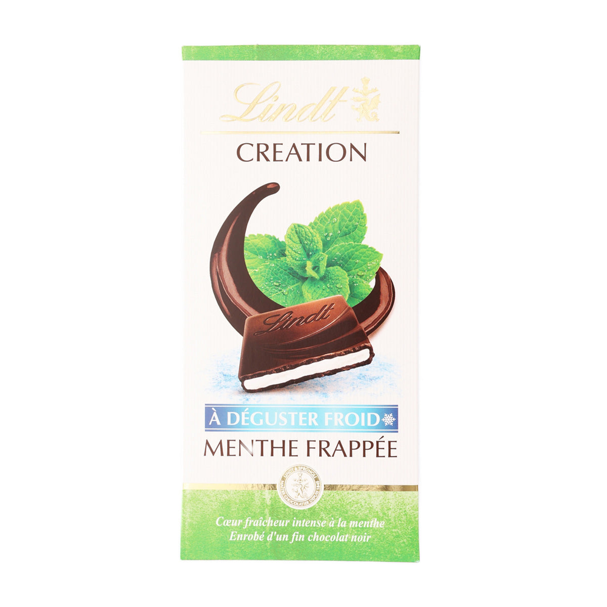 LINDT Creation dark chocolate mint 150g box front with mint leaf and chocolate slice