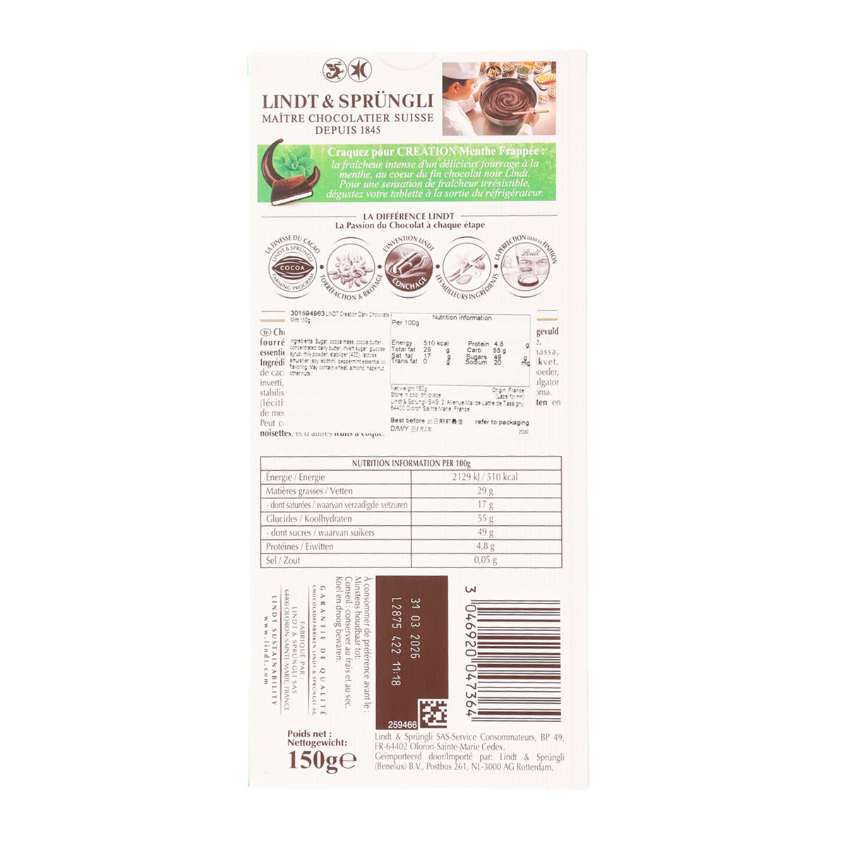 LINDT Creation dark chocolate mint 150g back label with ingredients and barcode