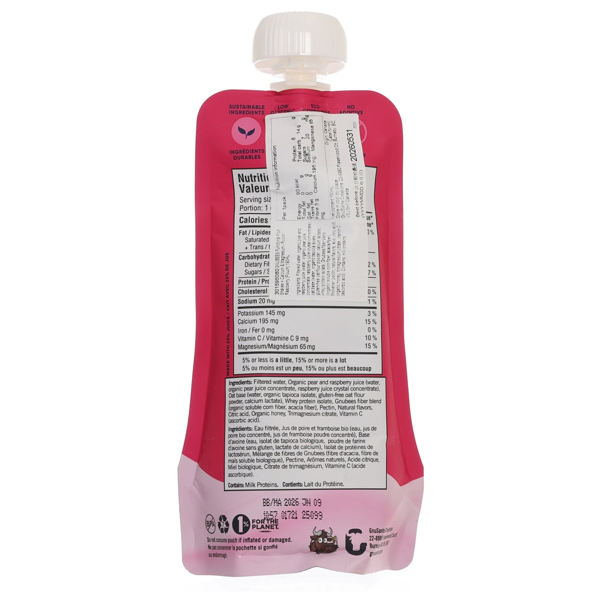 Back of red fruit shake pouch with nutrition facts panel and barcode