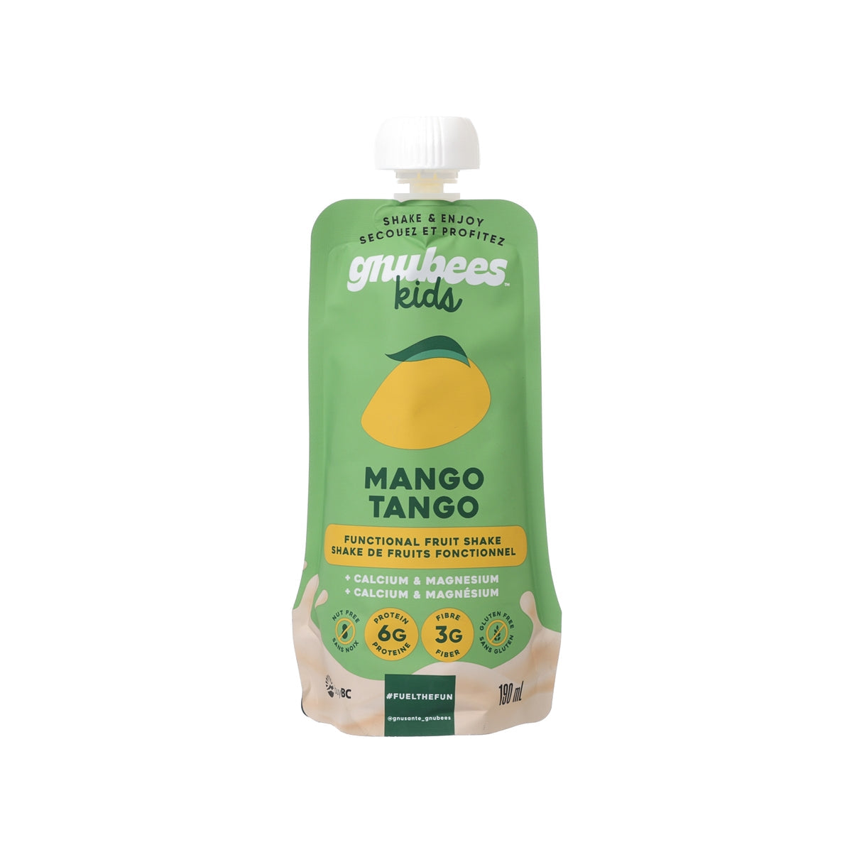 Green mango-flavored fruit shake pouch with spout, Mango Tango label