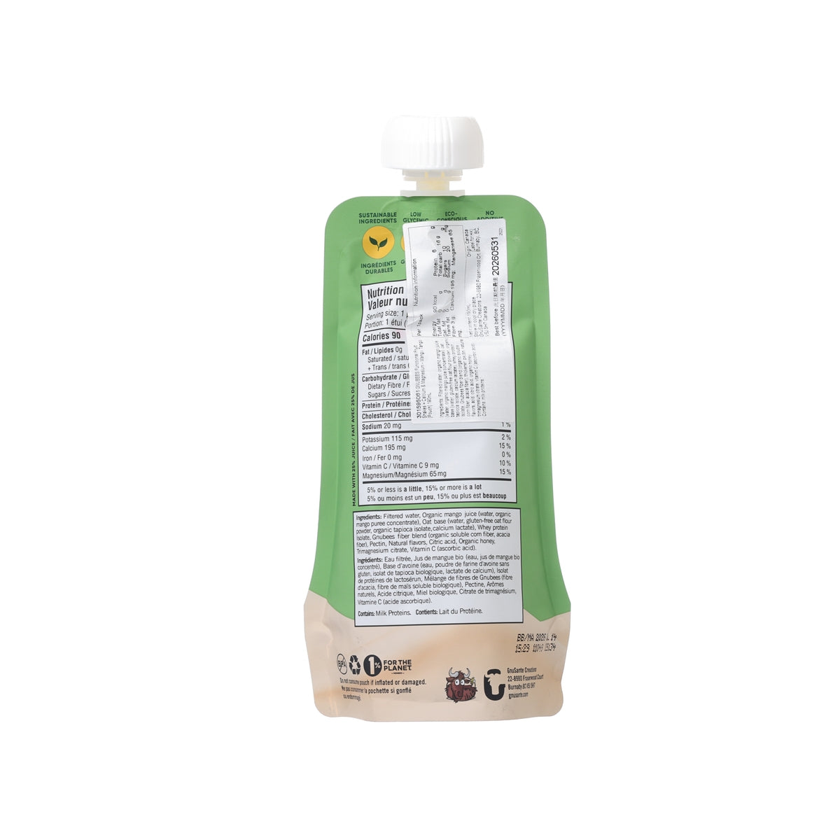 Green fruit shake pouch with spout and nutrition panel on the back