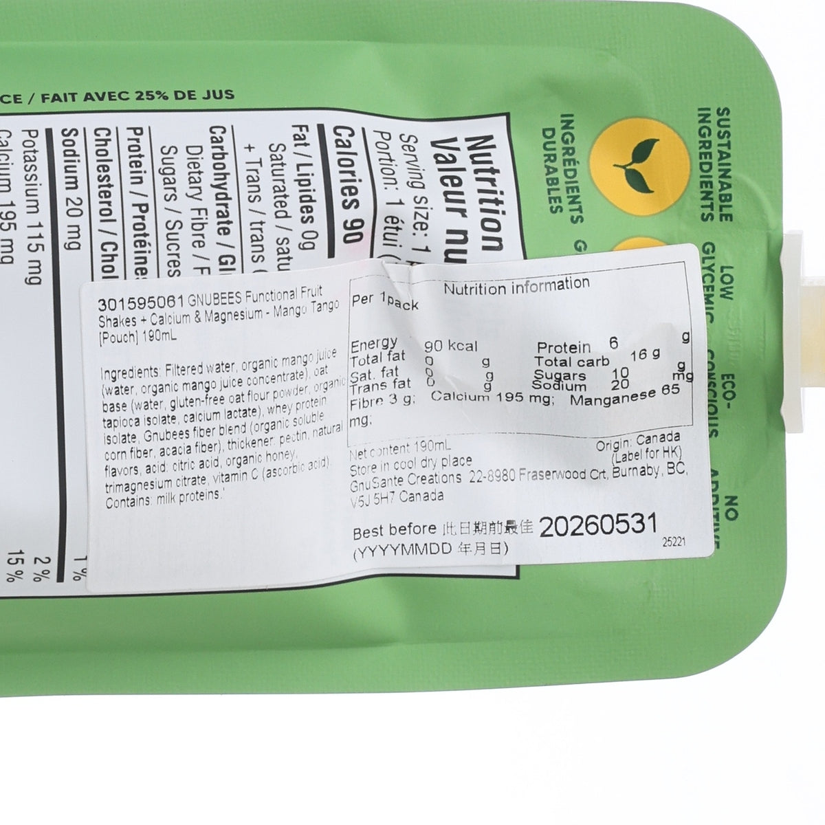 Close-up of green fruit shake pouch nutrition information panel