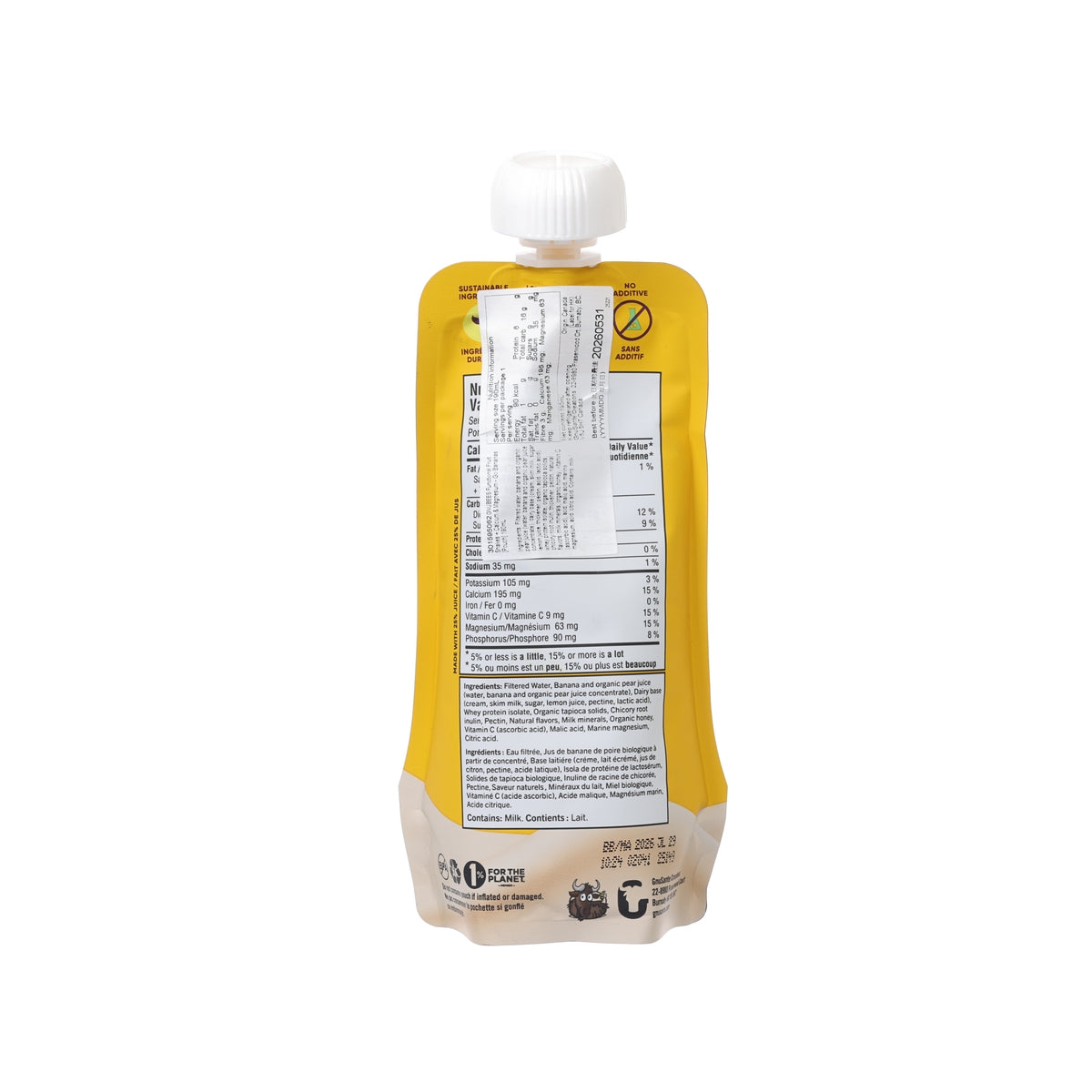 Yellow functional fruit shake pouch back label with ingredient and allergen text