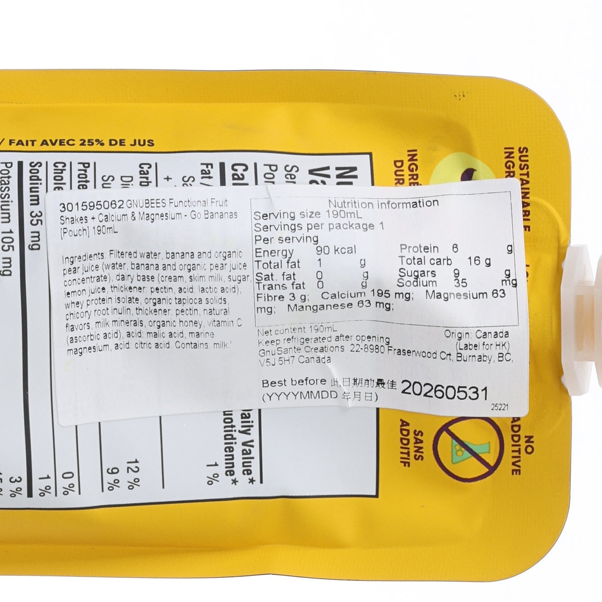 Close-up of yellow fruit shake pouch nutrition facts panel with serving size