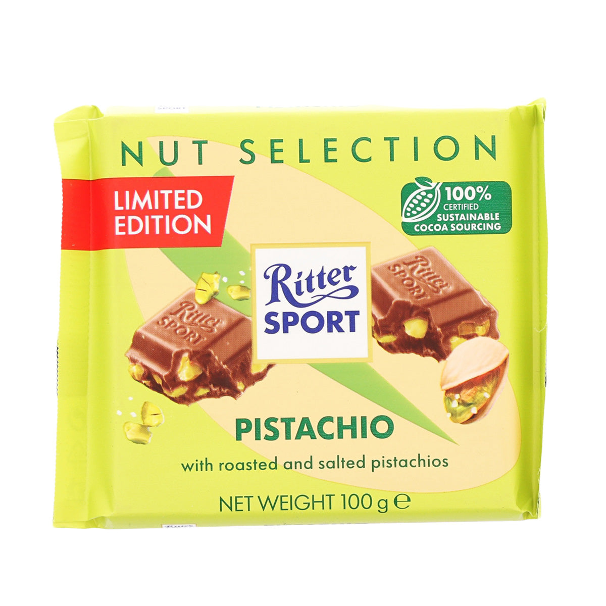 Ritter Sport milk chocolate with roasted salted pistachios, Limited Edition (100g) pack
