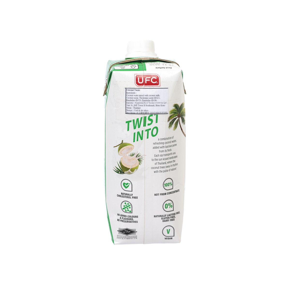 UFC Refresh coconut water carton back, “Twist into” label and ingredient details