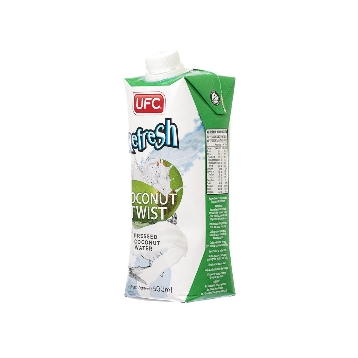 UFC Refresh coconut water carton, side view with Coconut Twist and 500 mL