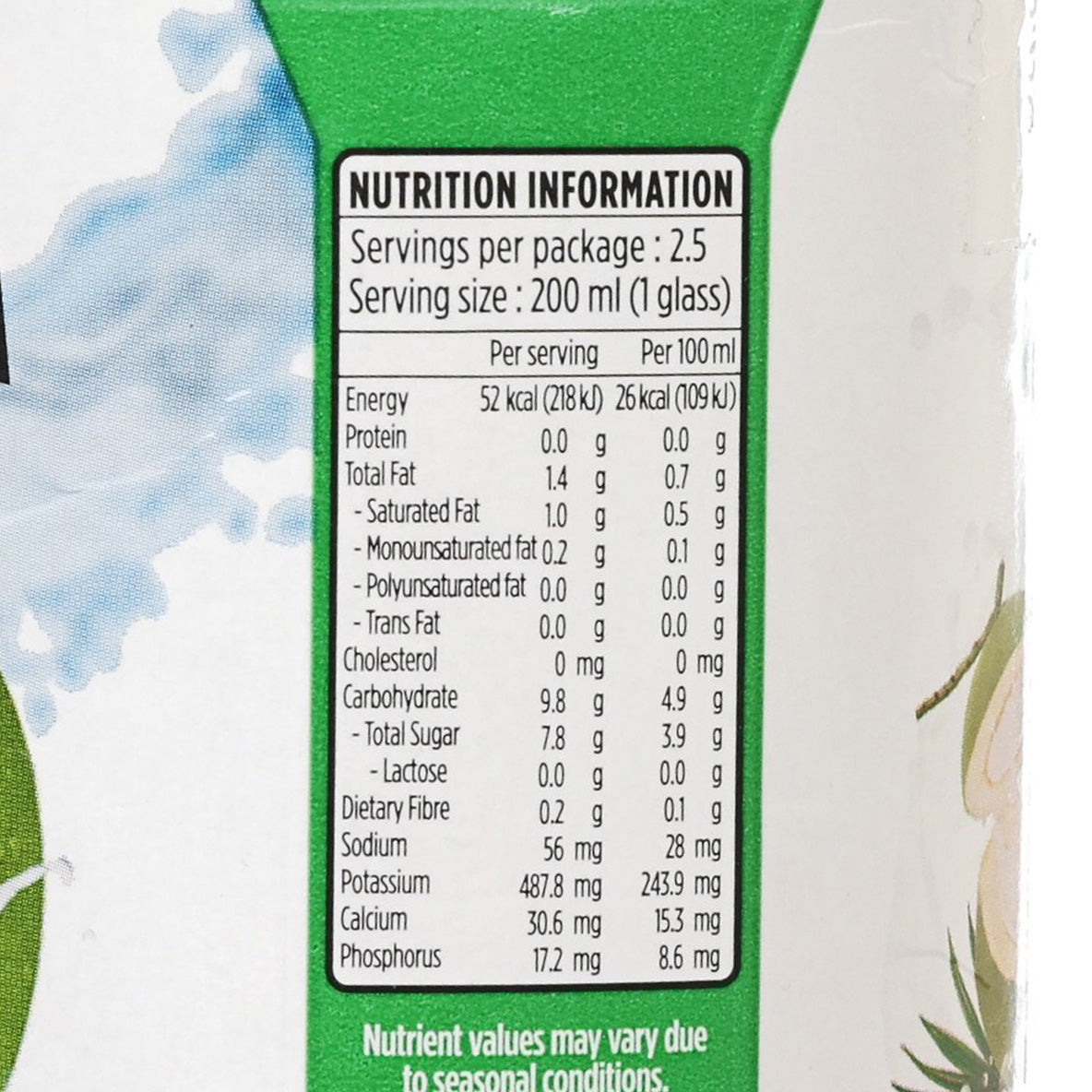 Nutrition information panel on UFC Refresh coconut water carton, servings per package 2.5