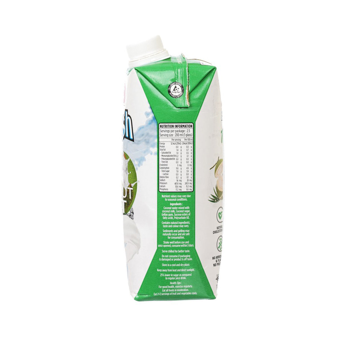 UFC Refresh coconut water carton, close side showing nutrition information panel