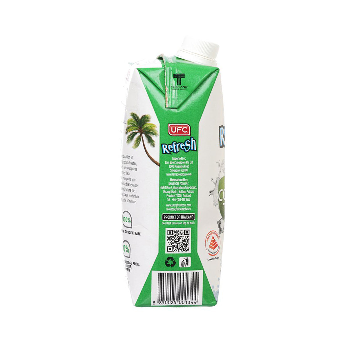 UFC Refresh coconut water carton back, green panel with nutrition and icons