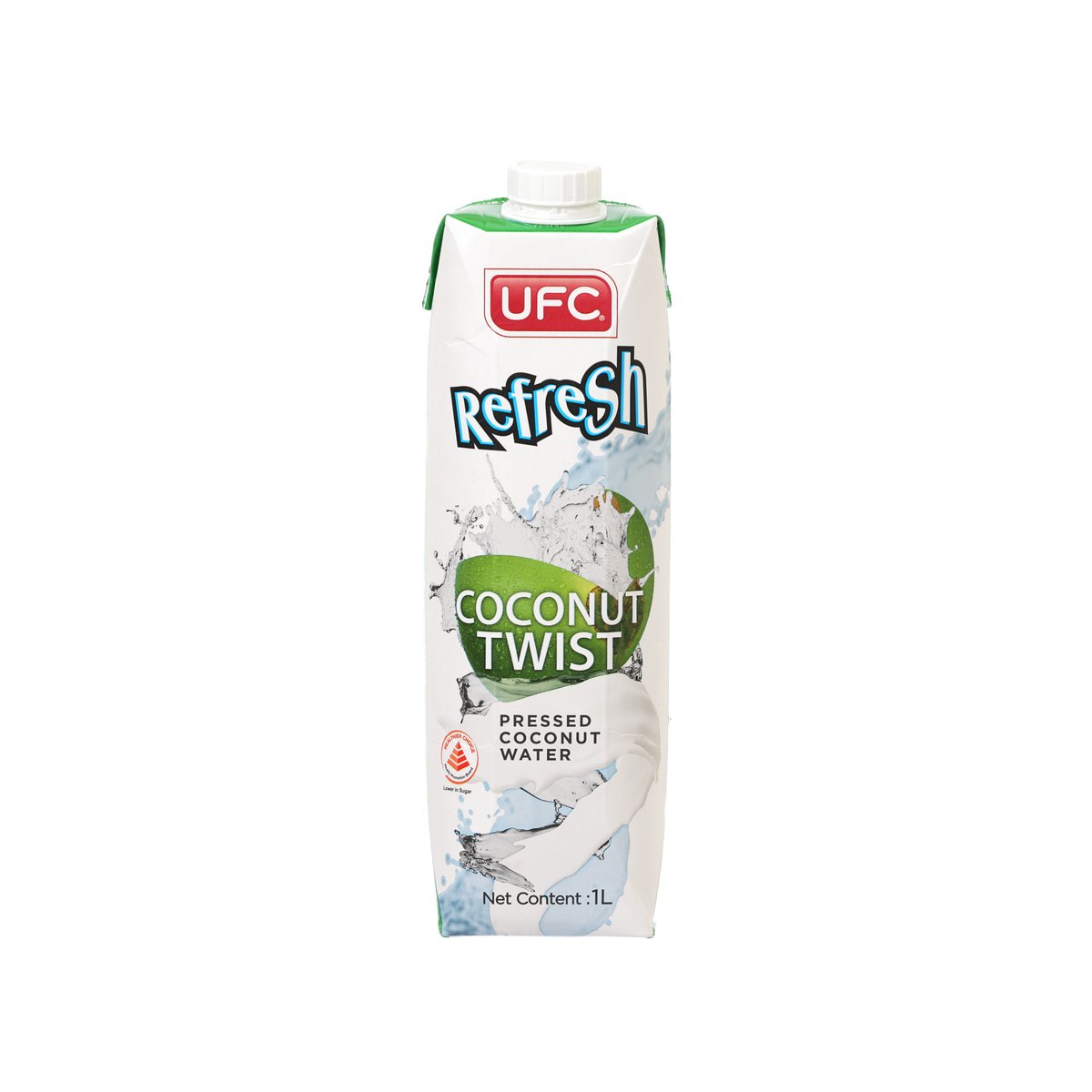 UFC Refresh coconut twist pressed coconut water carton, 1L, white and green cap