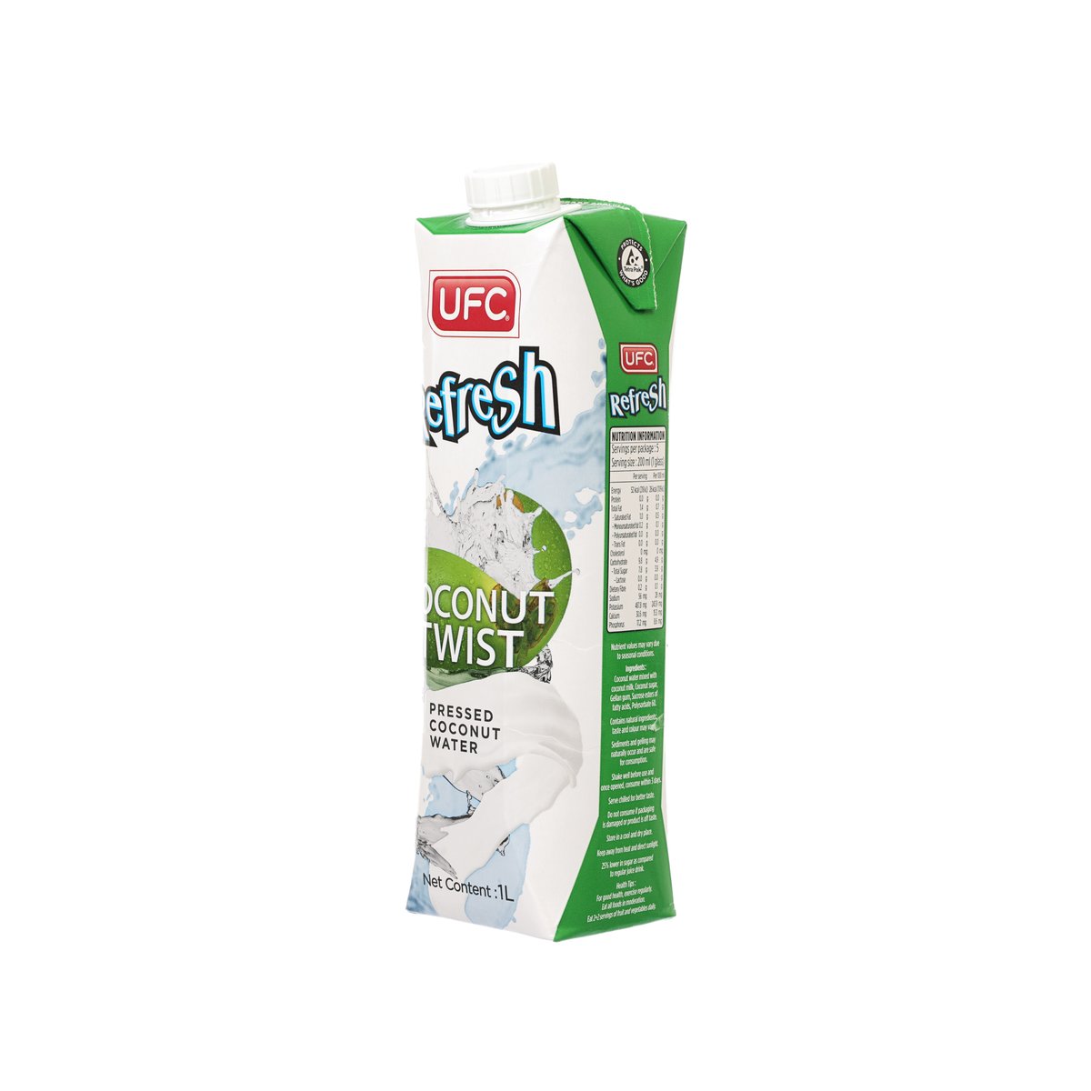 UFC Refresh coconut twist pressed coconut water carton, side view, 1L