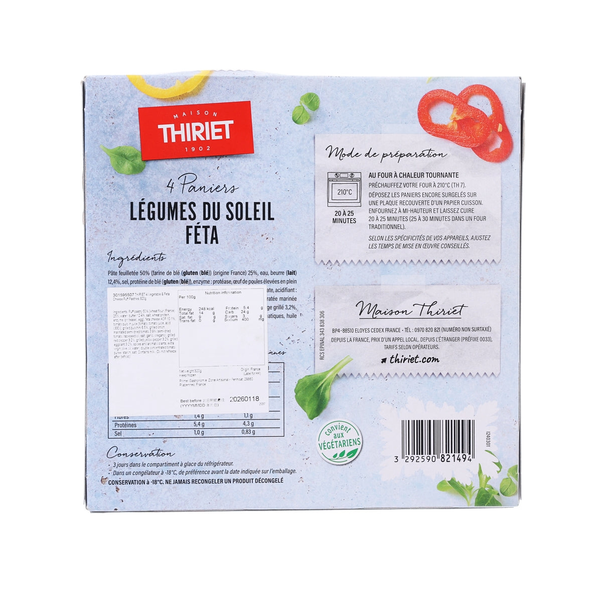 4 vegetable and feta puff pastries package back panel with nutrition and barcode