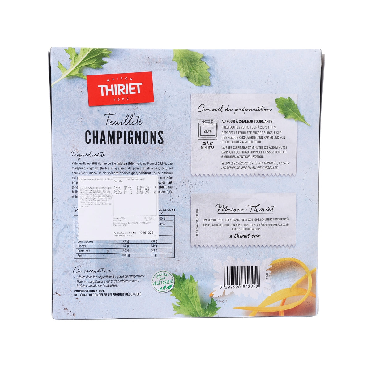 Back of mushroom puff pastry pack showing ingredient and nutrition information
