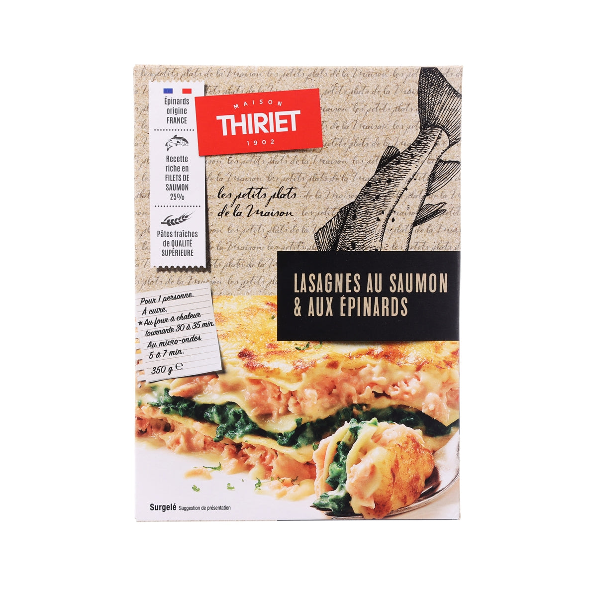 Frozen salmon and spinach lasagna box (350 g), front with lasagna photo