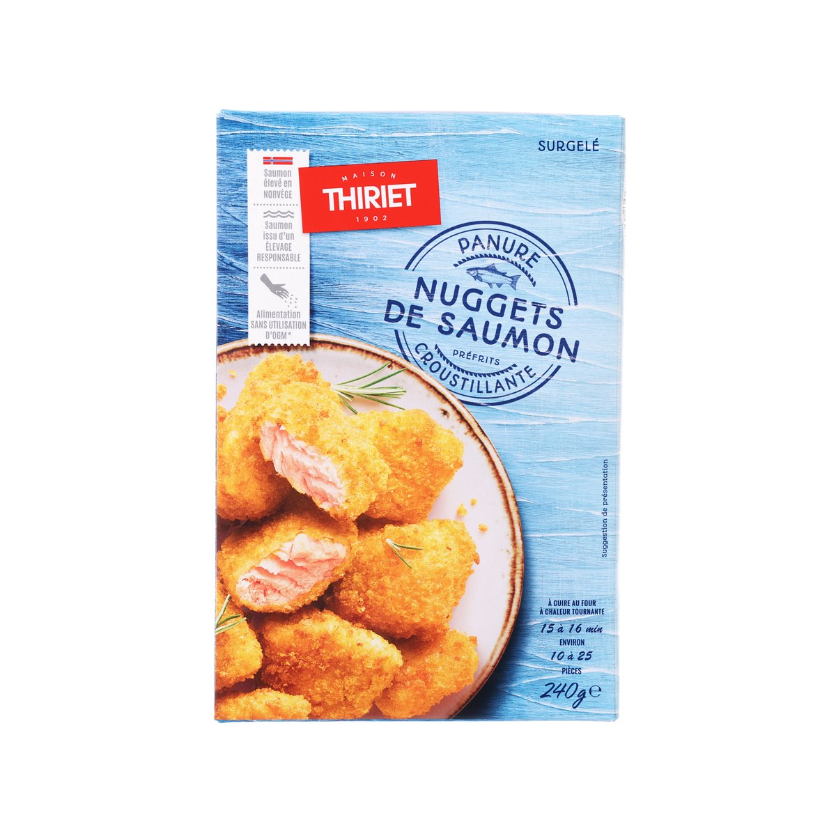 Breaded salmon nuggets package with THIRIET branding and nugget bowl illustration