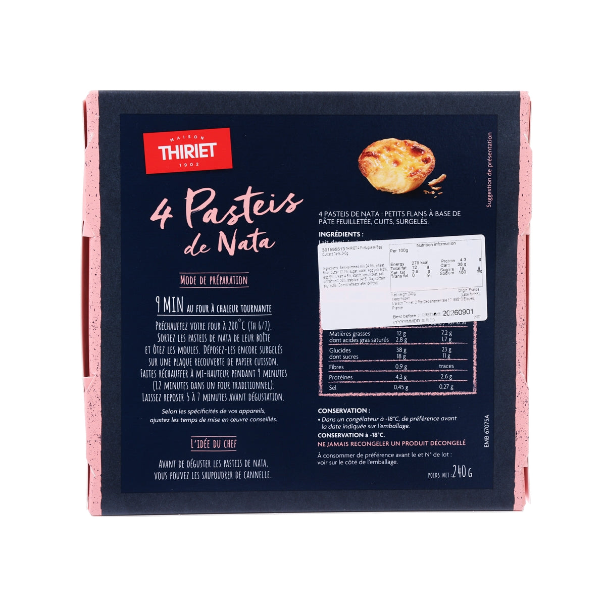 THIRIET box of 4 Portuguese egg custard tarts, back with ingredient table