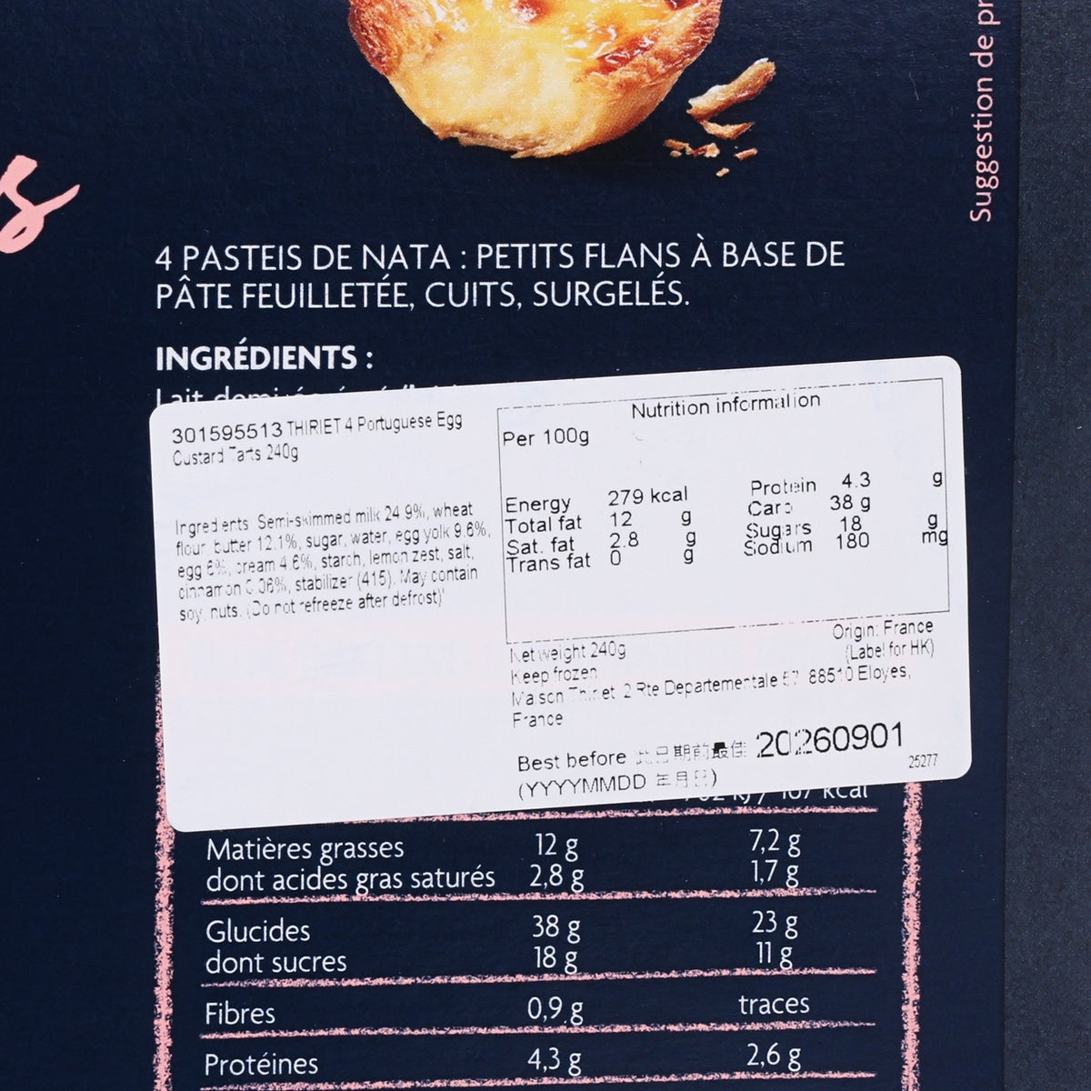 Nutrition label on THIRIET Portuguese egg custard tart box