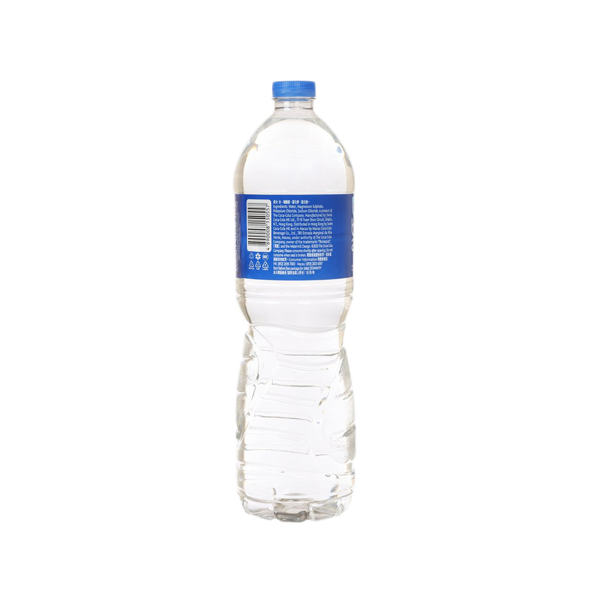 BONAQUA 1.5L mineral water PET bottle back label, blue cap