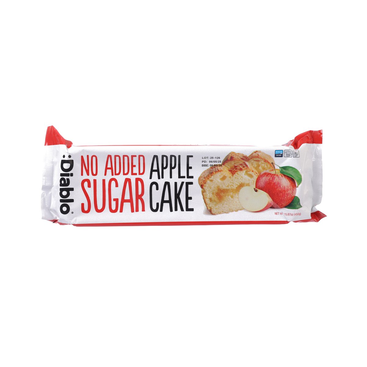DIABLO apple cake package, no added sugar, with apple and slice graphics
