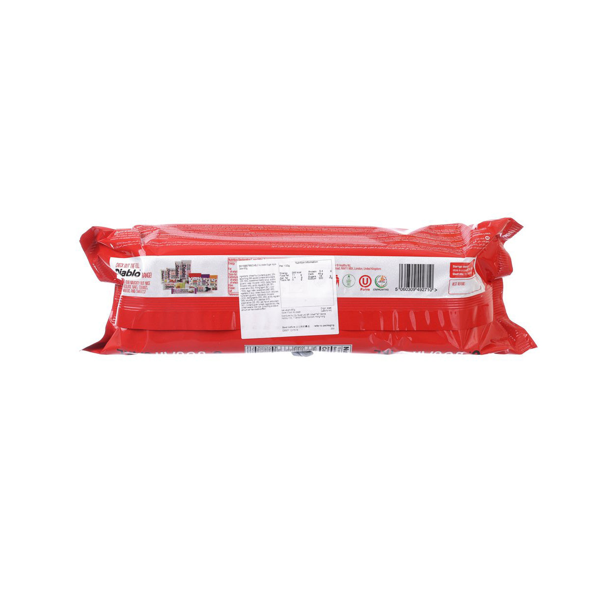 Red wrapped apple cake bag with label and barcode on the back