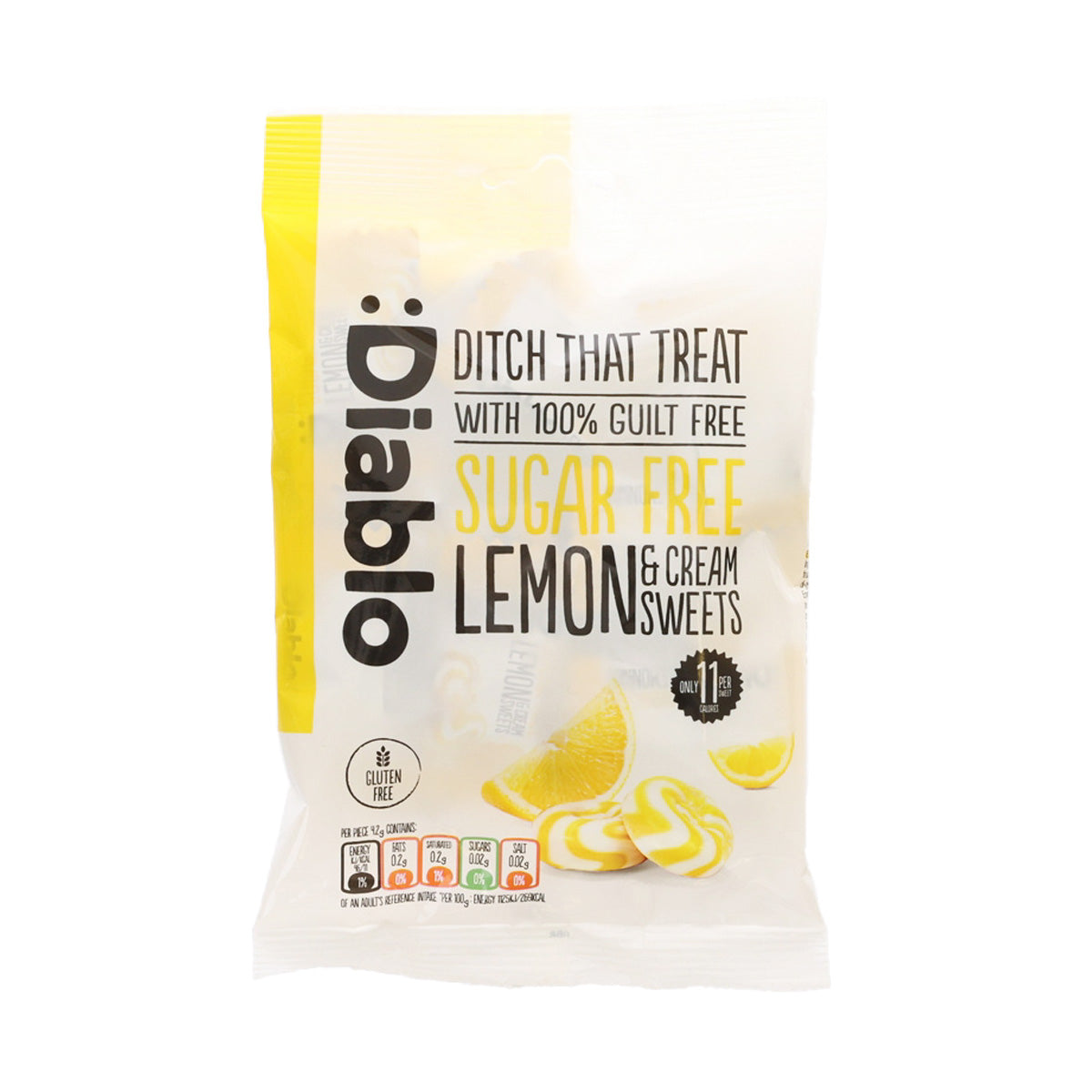 Sugar-free lemon and cream sweets pouch, white with yellow label