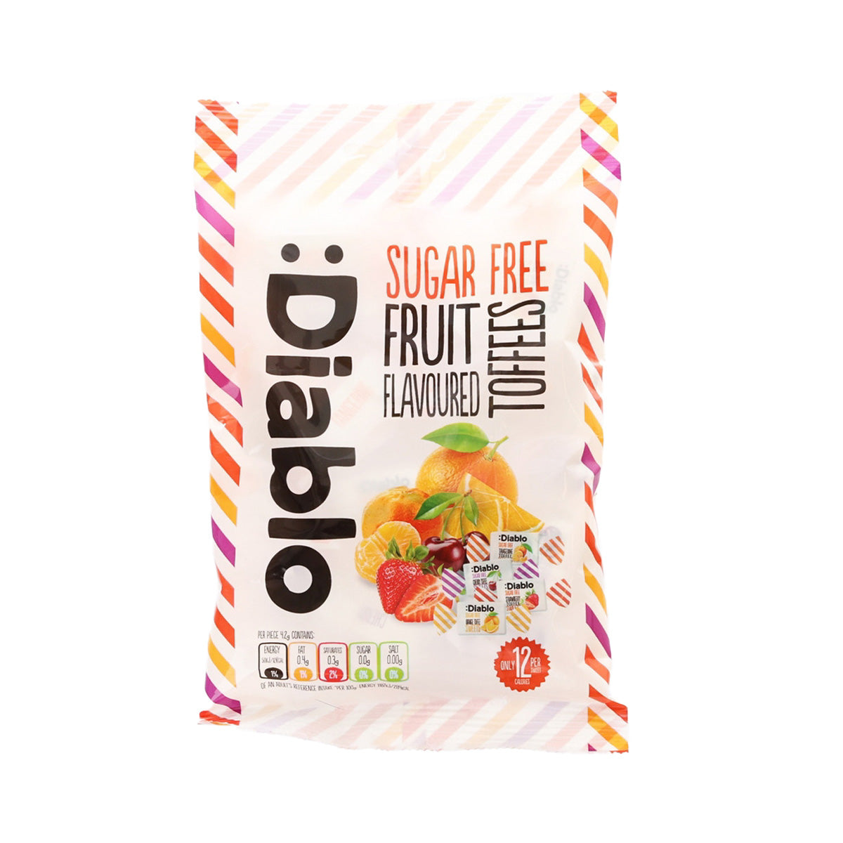 Diablo sugar-free fruit toffee sweets, 75 g bag, front view