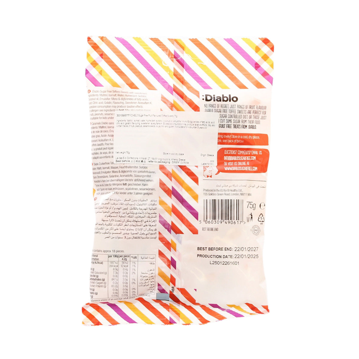 Diablo sugar-free fruit toffee sweets, 75 g bag, back with nutrition info