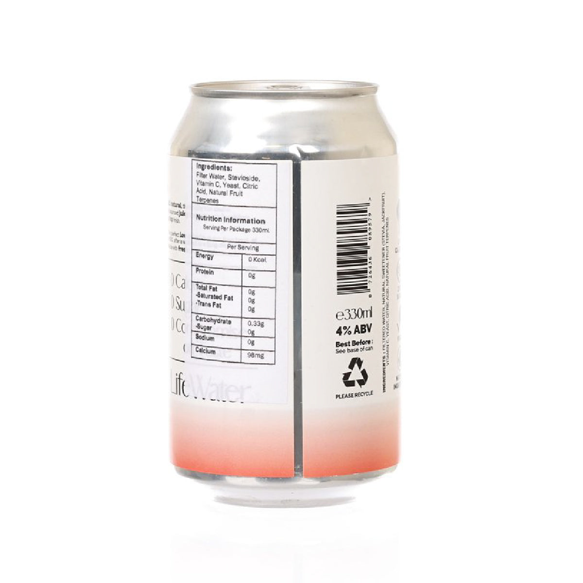 Craft seltzer can back label with barcode and nutrition facts, 330 mL, 4% ABV