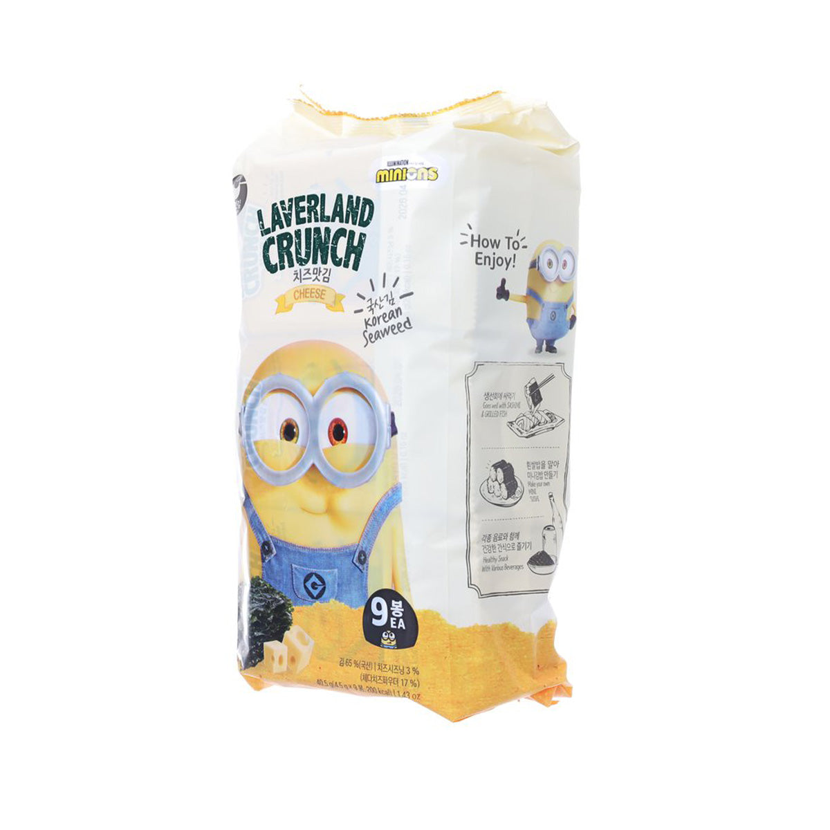 Cheese-flavored Korean seaweed snack pouch with side instructions, 9-count pack