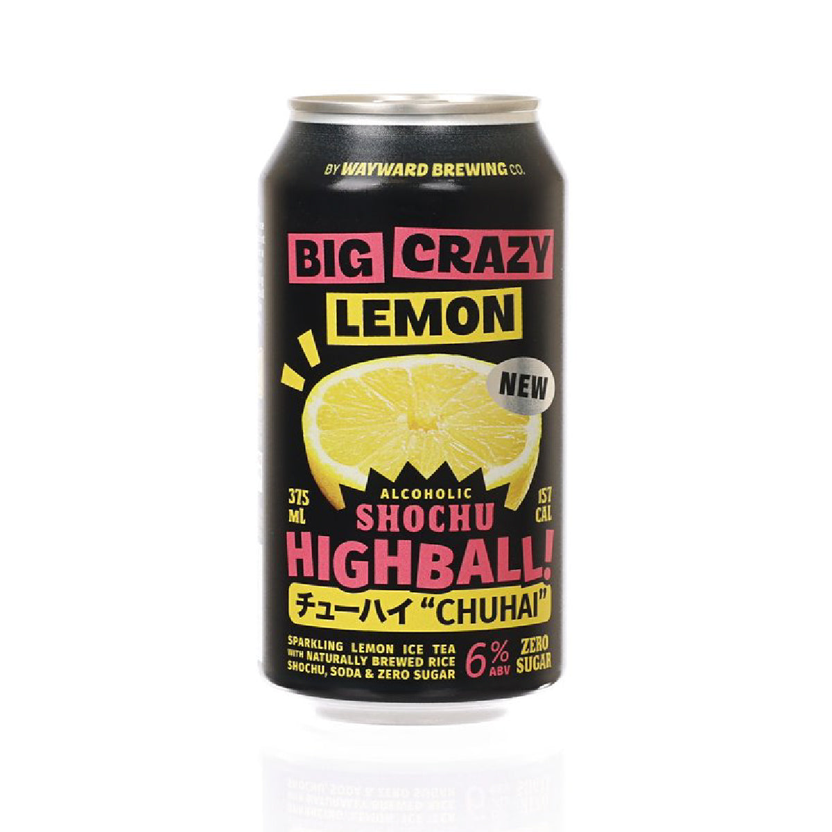 Lemon shochu highball drink can with Big Crazy Lemon label and citrus slice