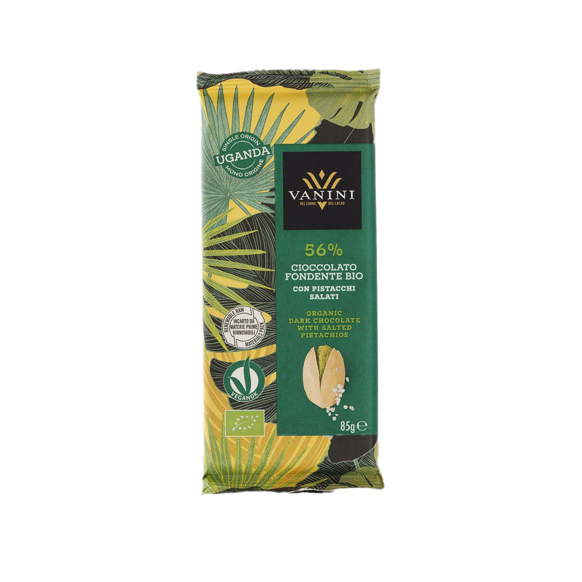 Packaged dark chocolate bar with salted pistachios, 85g, front label