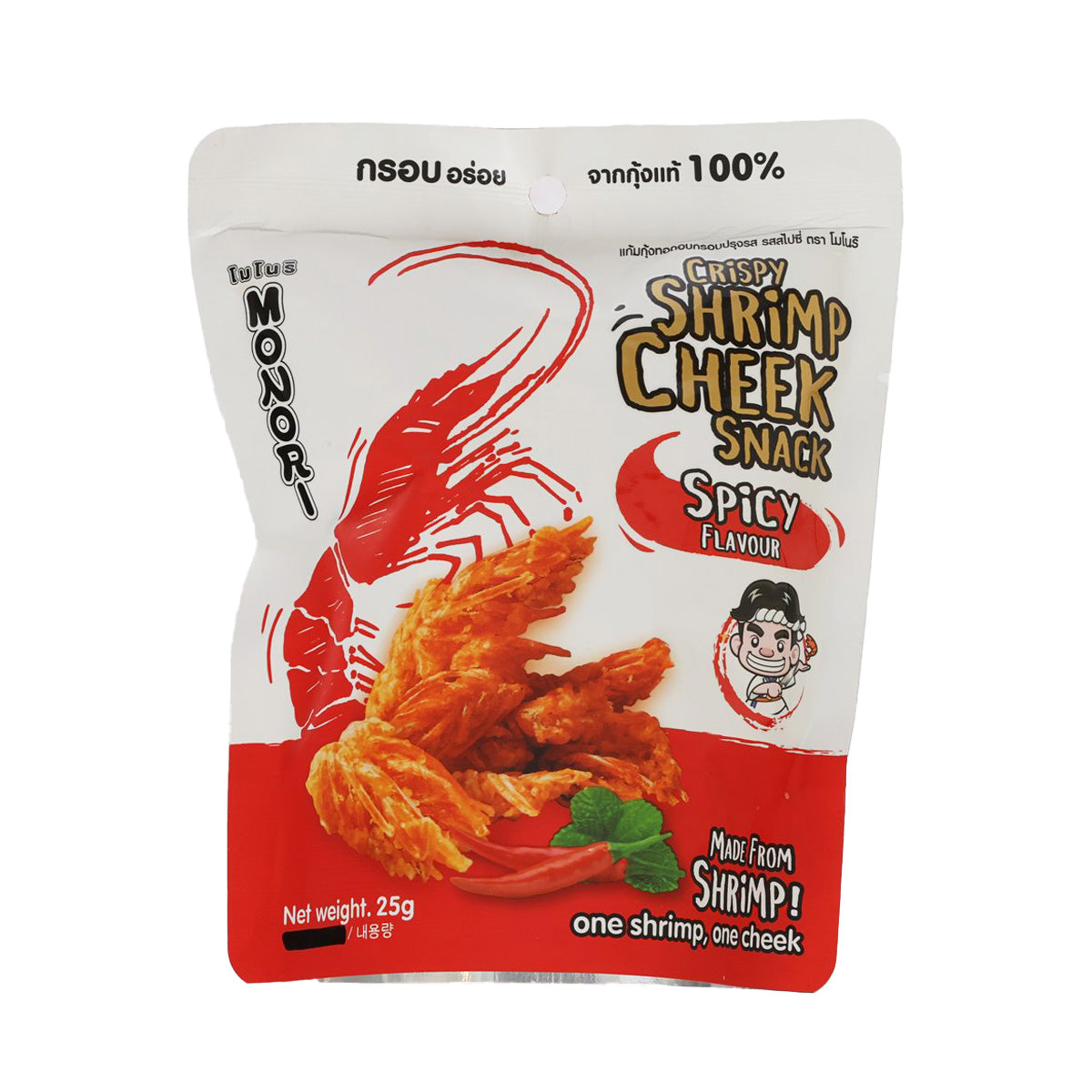 Spicy crispy shrimp cheek snack pouch, 25g, red-and-white front with shrimp graphics