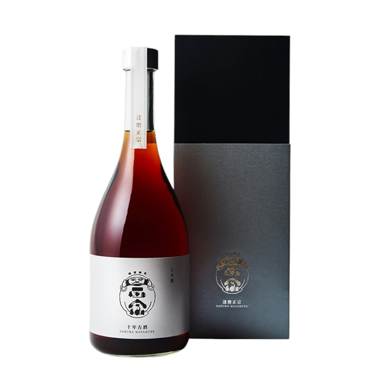 Maroon sake bottle with DARUMA Masamune label and dark presentation box
