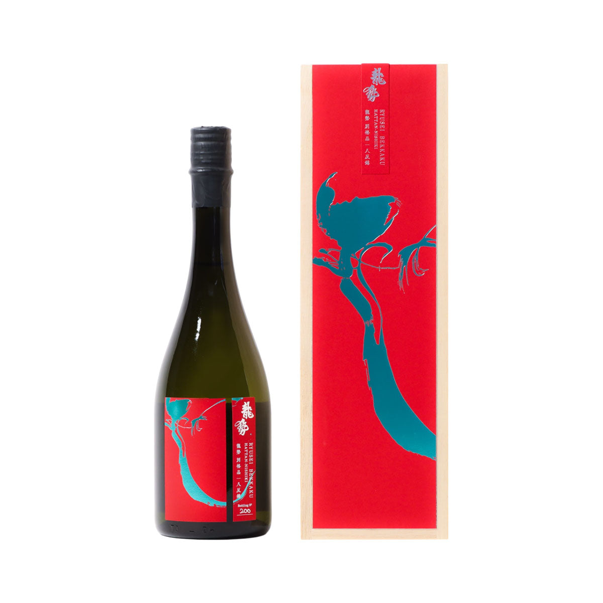 Wine bottle with red illustrated label and matching red rectangular product box