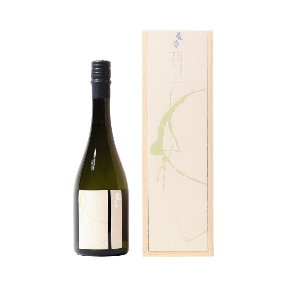 RYUSEI bottled sake, 720mL, dark green bottle with cream label and wooden sleeve