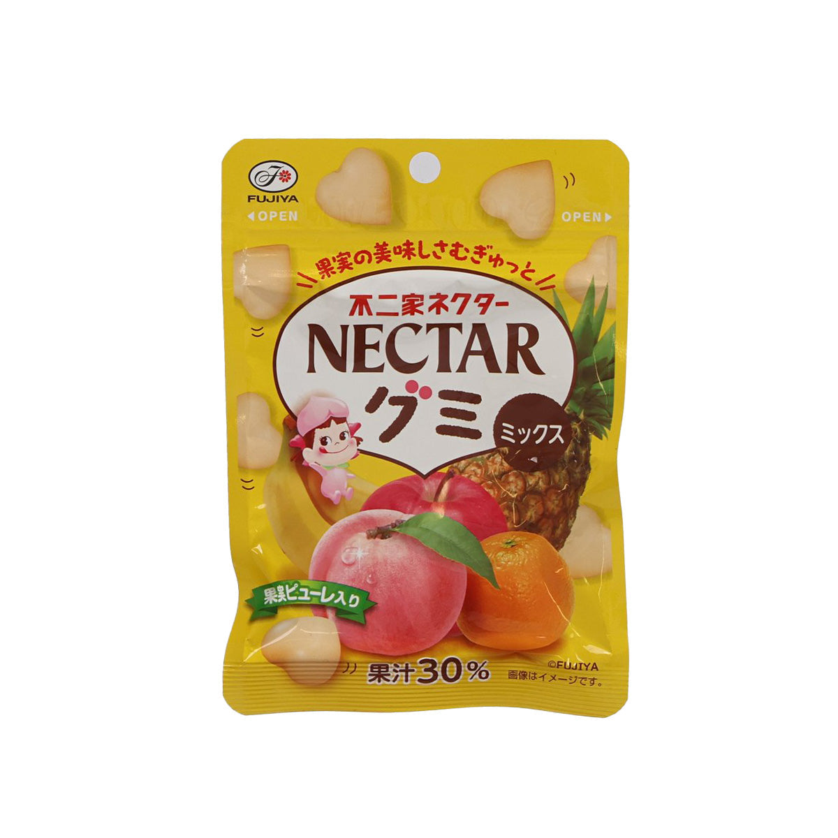 FUJIYA Nectar fruit gummy pouch, yellow resealable bag with fruit illustrations