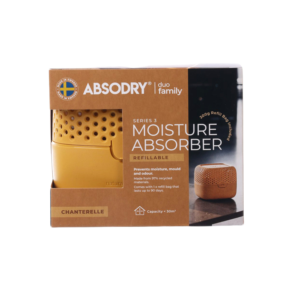 ABSODRY moisture absorber refill box with orange perforated pouch and dark inner pack