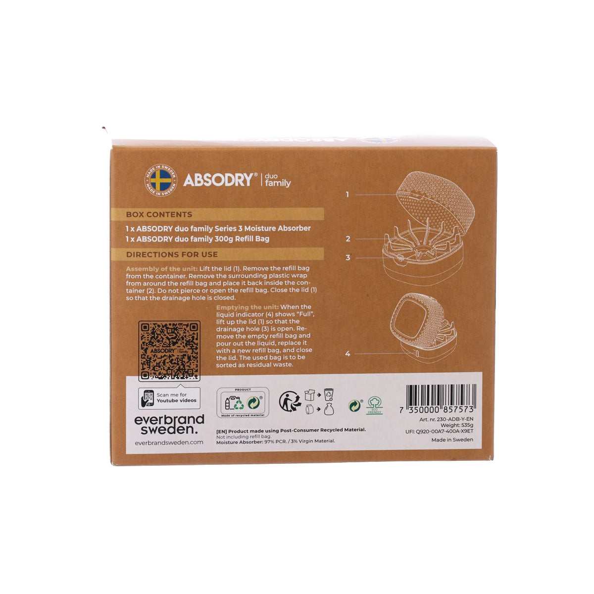 ABSODRY moisture absorber refill box back panel with instructions and bar code