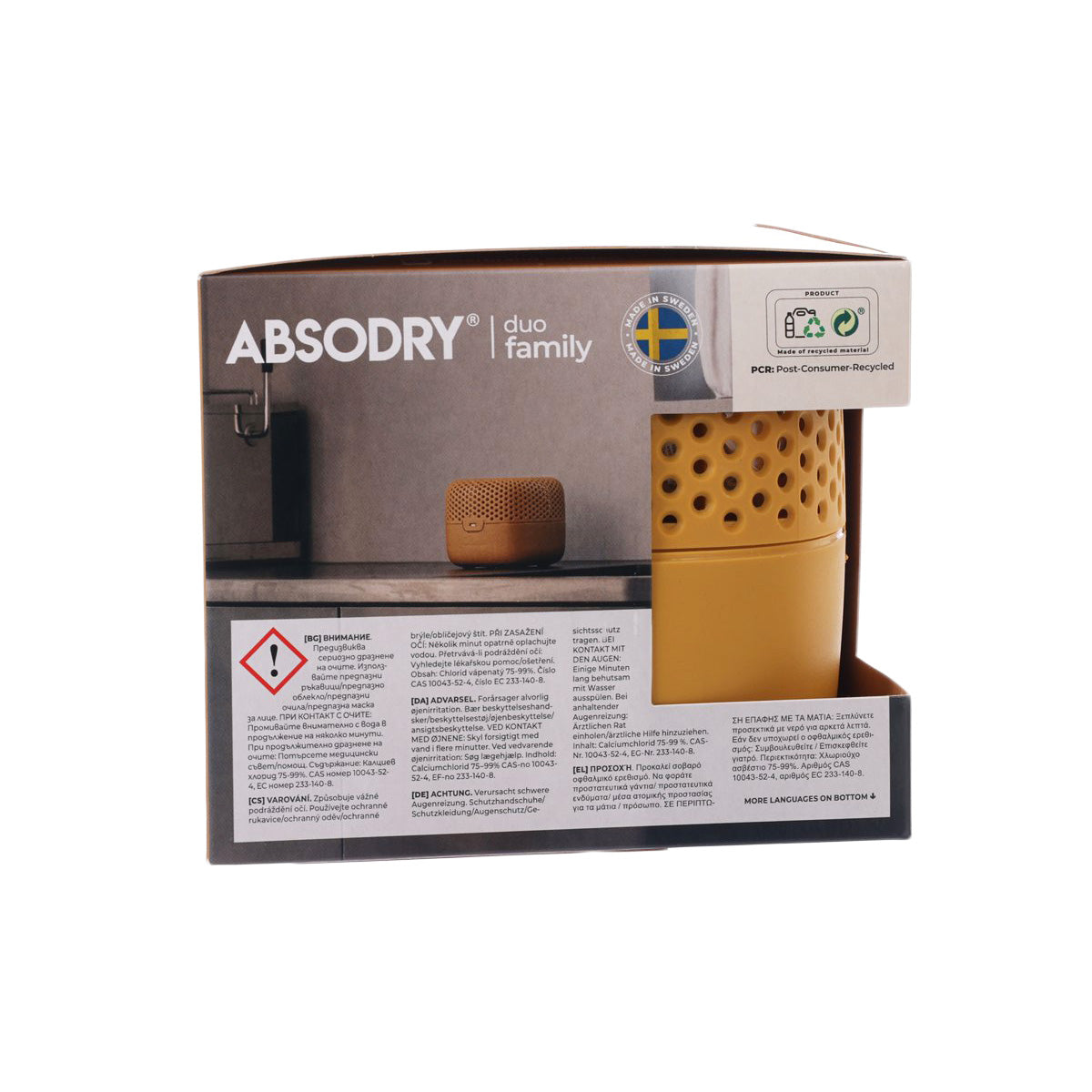 ABSODRY moisture absorber refill box side/back with warning label and orange pouch