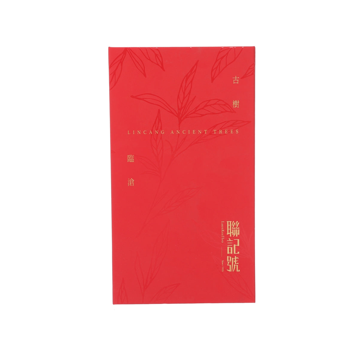 Red cardboard tea box sleeve with leaf pattern and bilingual text.
