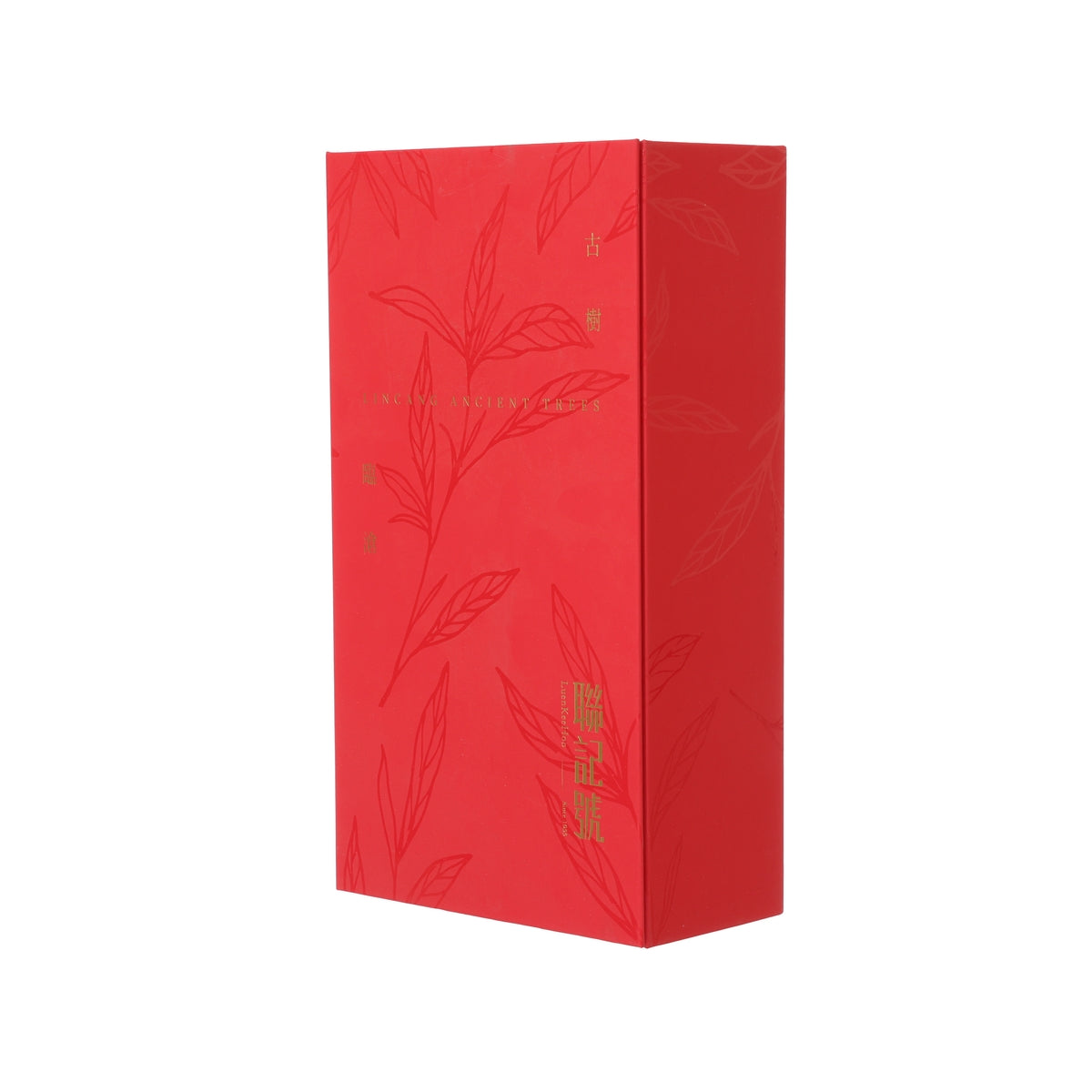 Red folding tea gift box with leaf emboss pattern on two panels.