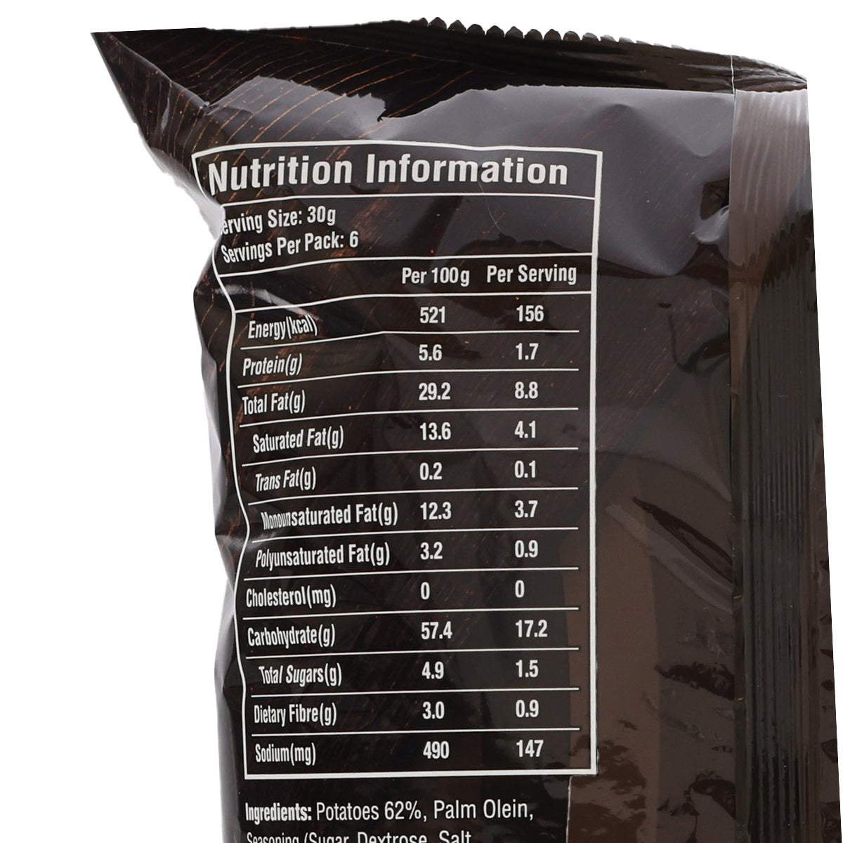 Nutrition information panel on Lay's potato chip bag