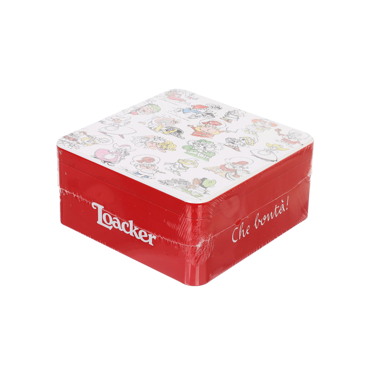 LOACKER gift tin box, red base with patterned white top