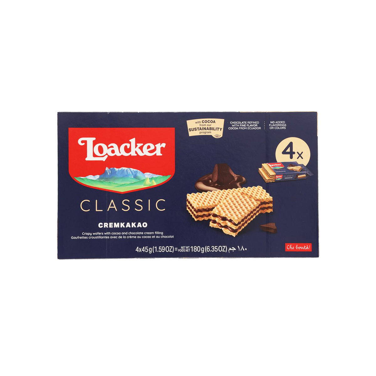 Loacker classic cream cocoa wafer box, crispy wafers with chocolate cream filling