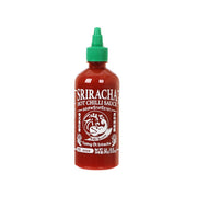 Sriracha hot chili sauce bottle with green cap, front label