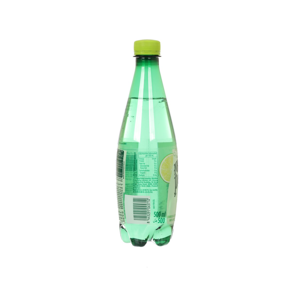 Sparkling mineral water lime flavor PET bottle, back view with label